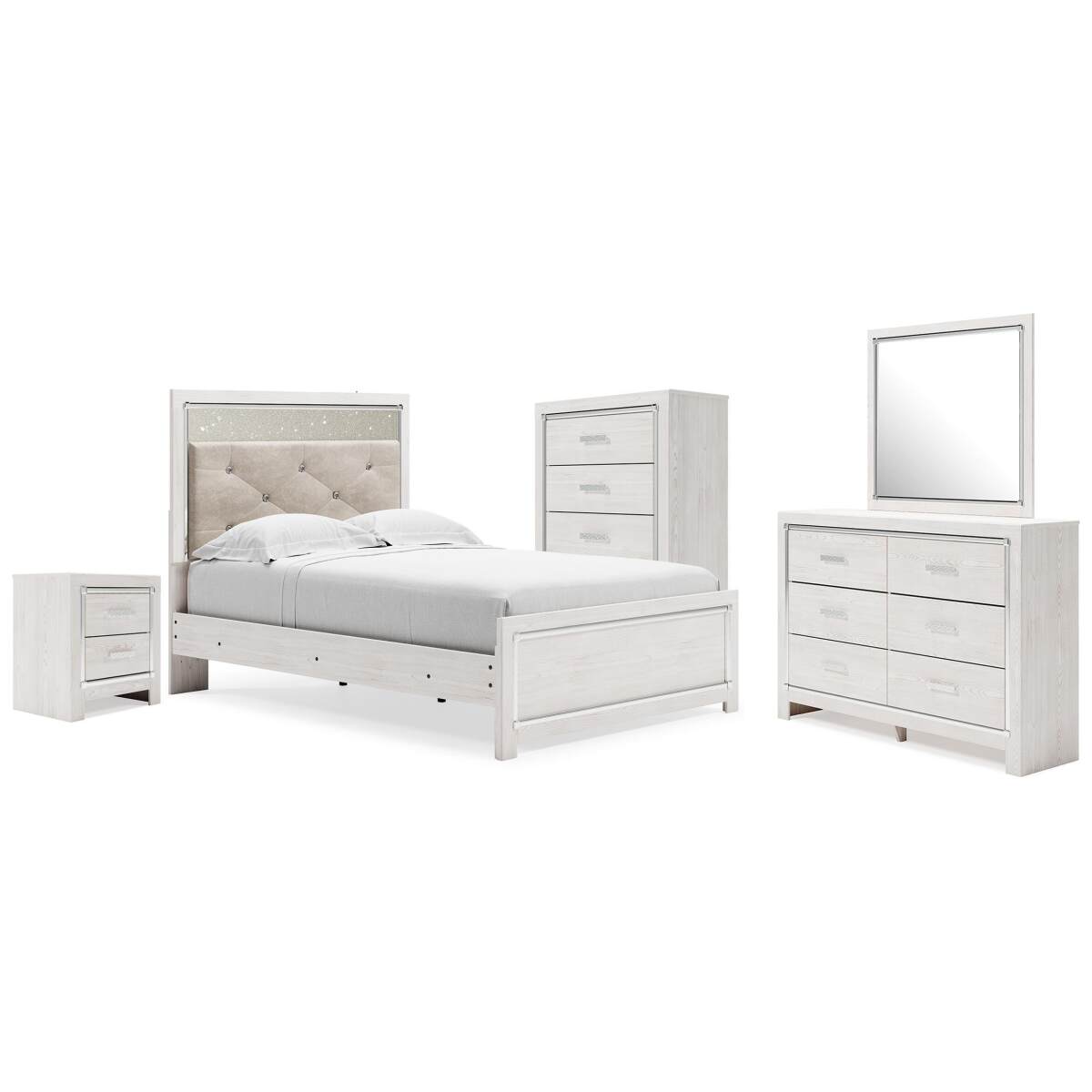 6c2e9b33f5541c1e9181ae3a2cd22271 Altyra Full Upholstered Panel Bed, Dresser, Mirror, Chest and Nightstand - Image 1
