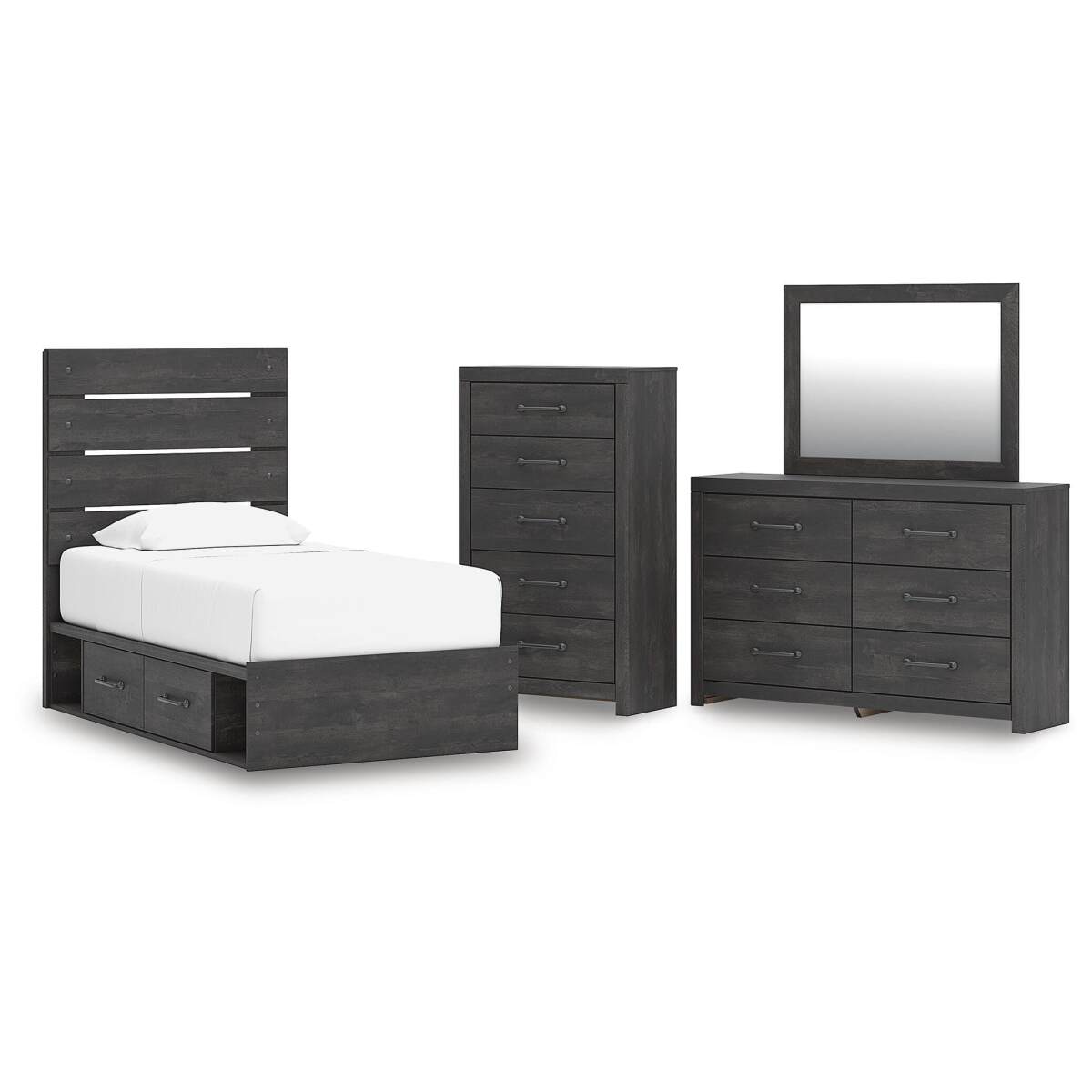 6cf7450e76d80f8978ee532c1a9a2bdd Hollivern Twin Panel Storage Bed, Dresser, Mirror and Chest - Image 1