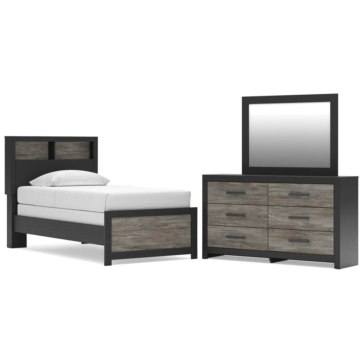 6d4b9d2f3c82d041ef970a6f9e770c09 Broachmyn Twin Bookcase Bed, Dresser and Mirror - Image 1