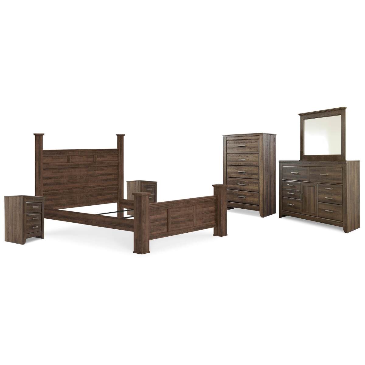 6f30b9e8130a2285b9bc338ce82f1628 Juararo California King Poster Bed, Dresser, Mirror, Chest and 2 Nightstands - Image 1