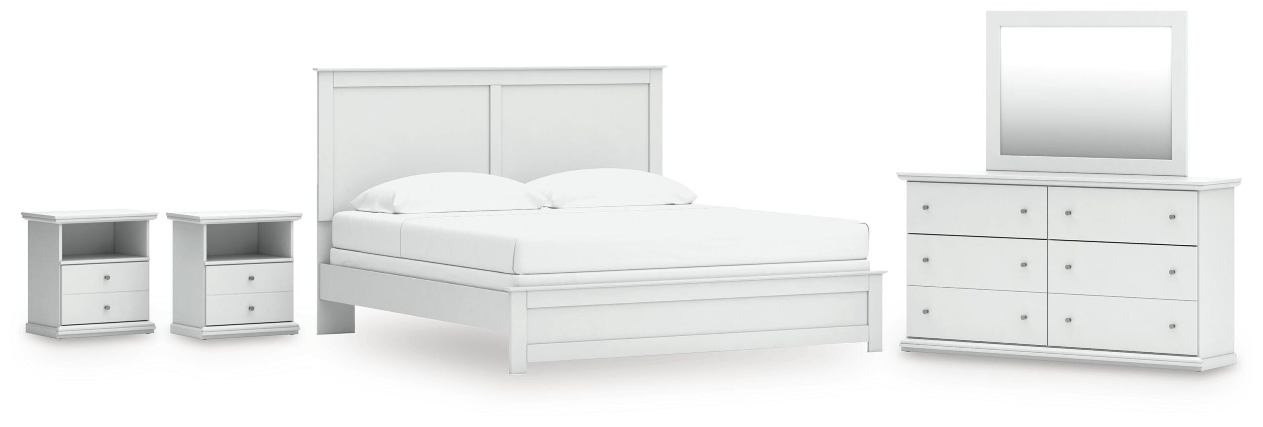 70f53ba3ecb009e33ef5bc8f18111f04 Bostwick Shoals King Panel Bed, Dresser, Mirror and 2 Nightstands - Image 1