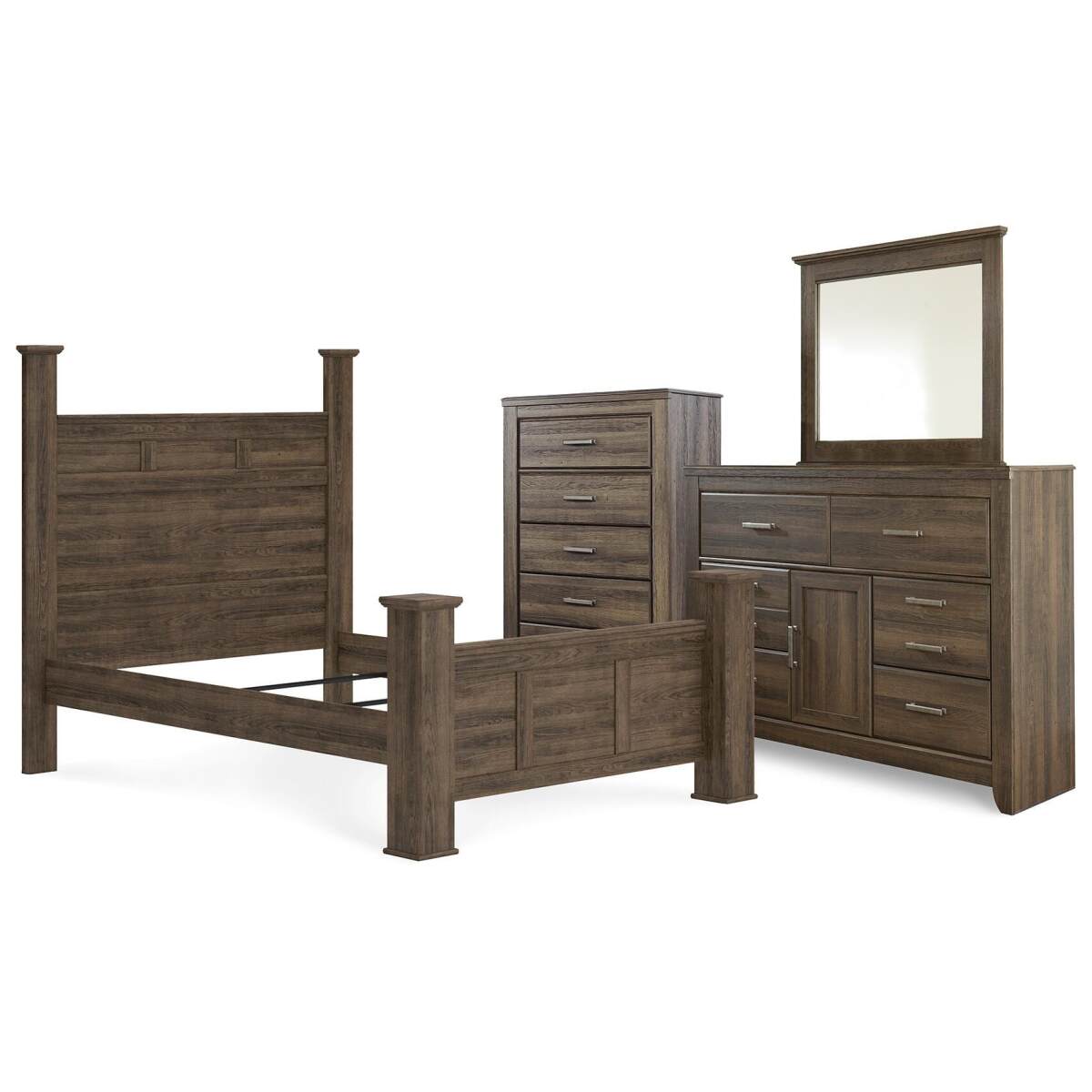 738b916af10a04a7f207b2d465bb8797 Juararo Queen Poster Bed, Dresser and Mirror - Image 1