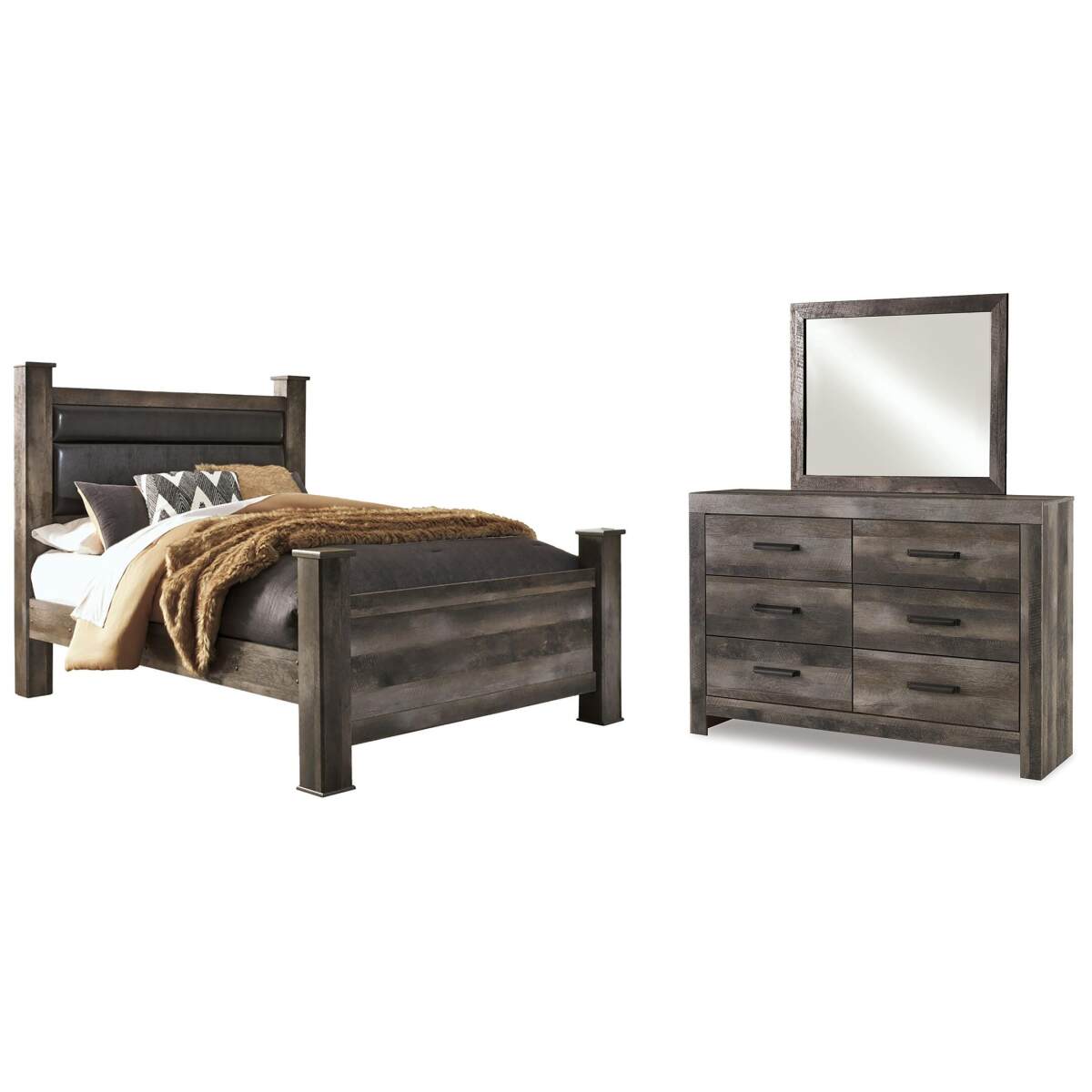 74c3504df4d5ce15b1597564eb4371ae Wynnlow Queen Upholstered Poster Bed, Dresser and Mirror - Image 1