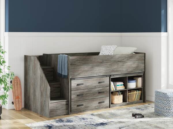 Frandern Twin Loft Bed with Bookcase and Drawer Storage - Image 3