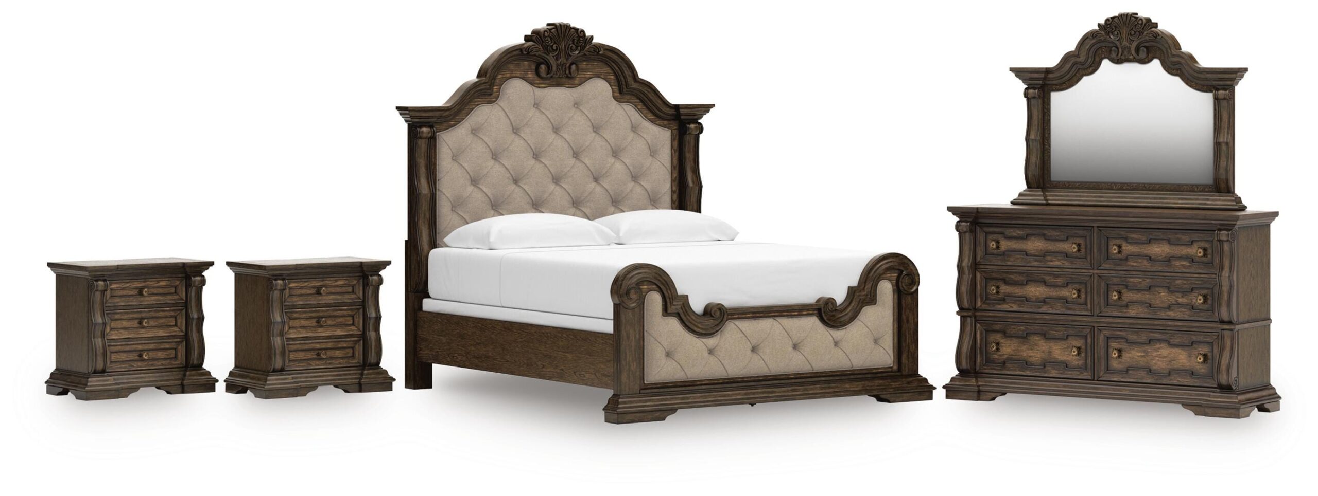 77c2fbc059d2f9526480d1573baf19db Maylee King Upholstered Bed, Dresser, Mirror and 2 Nightstands - Image 1