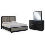 Rowanbeck King Upholstered Panel Bed, Dresser and Mirror