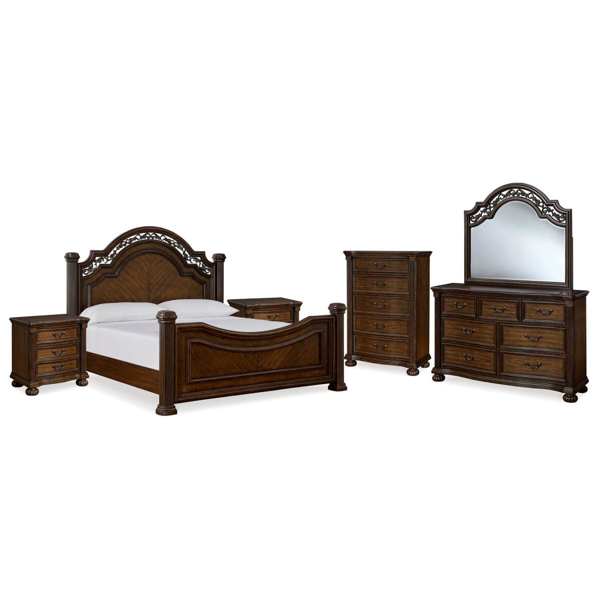 78fead8f594293d8da14e58f5447644c Lavinton King Poster Bed, Dresser, Mirror, Chest and 2 Nightstands - Image 1