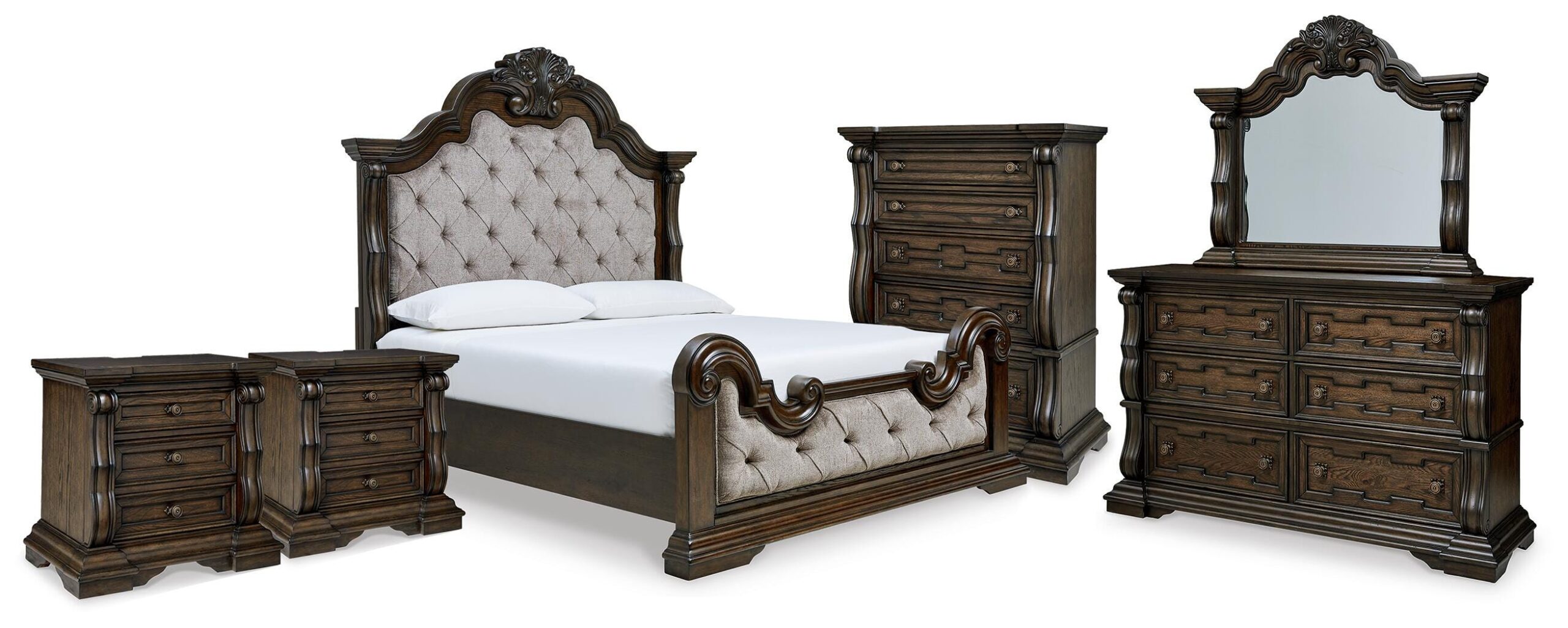 79bd353367f06791121b76ceaa9a4a2b Maylee King Upholstered Bed, Dresser, Mirror, Chest and 2 Nightstands - Image 1