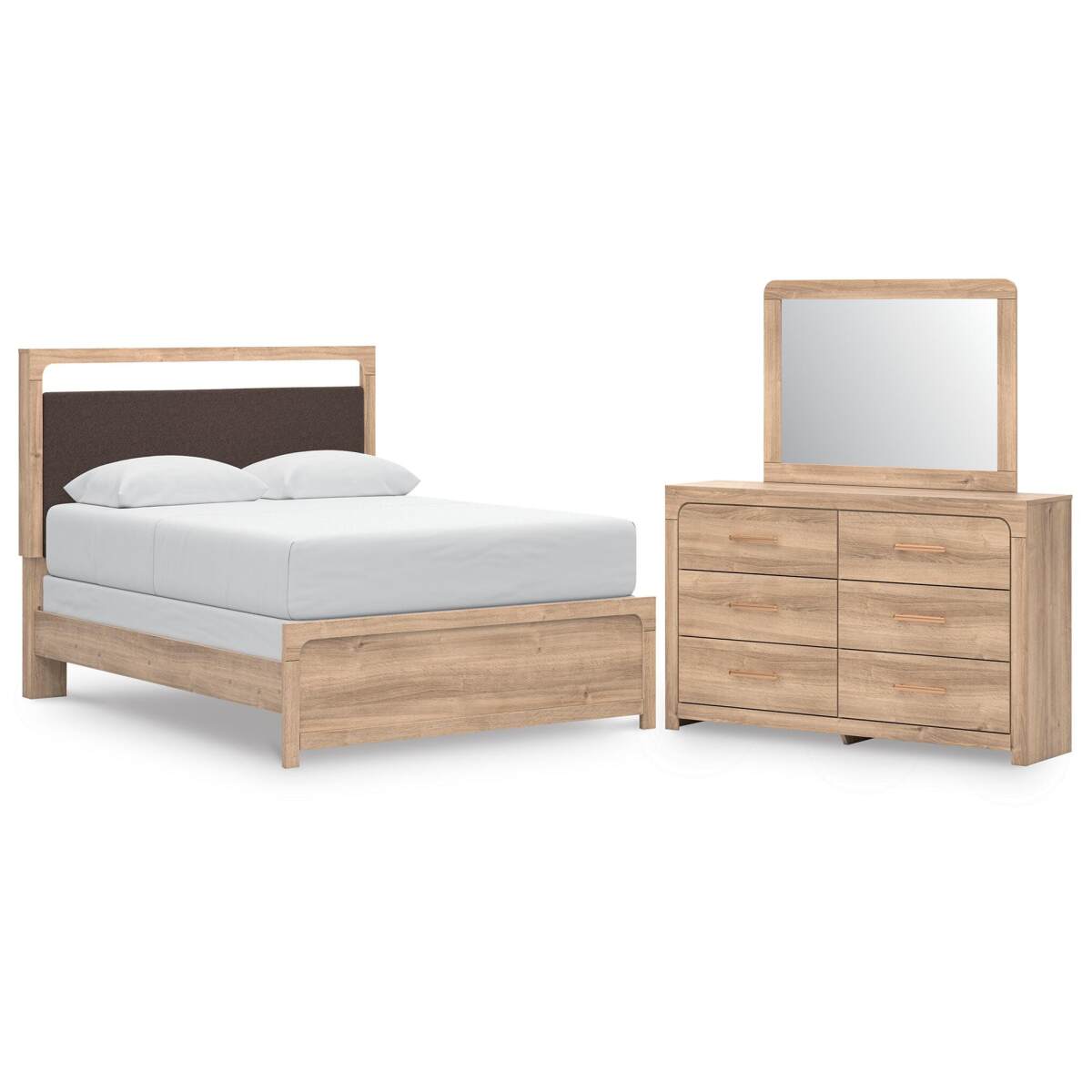 7a95b9e4794318e2f9917e8634e447cb Kinlanni Queen Upholstered Panel Bed, Dresser and Mirror - Image 1