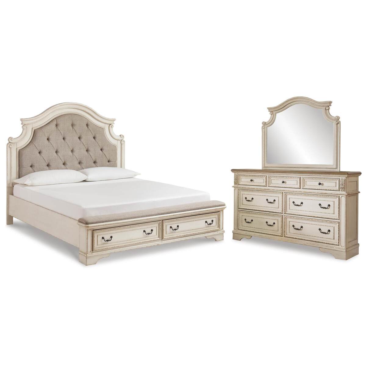 7b9eec4b388315c4858da4560d085205 Realyn King Upholstered Bed with Dresser and Mirror - Image 1