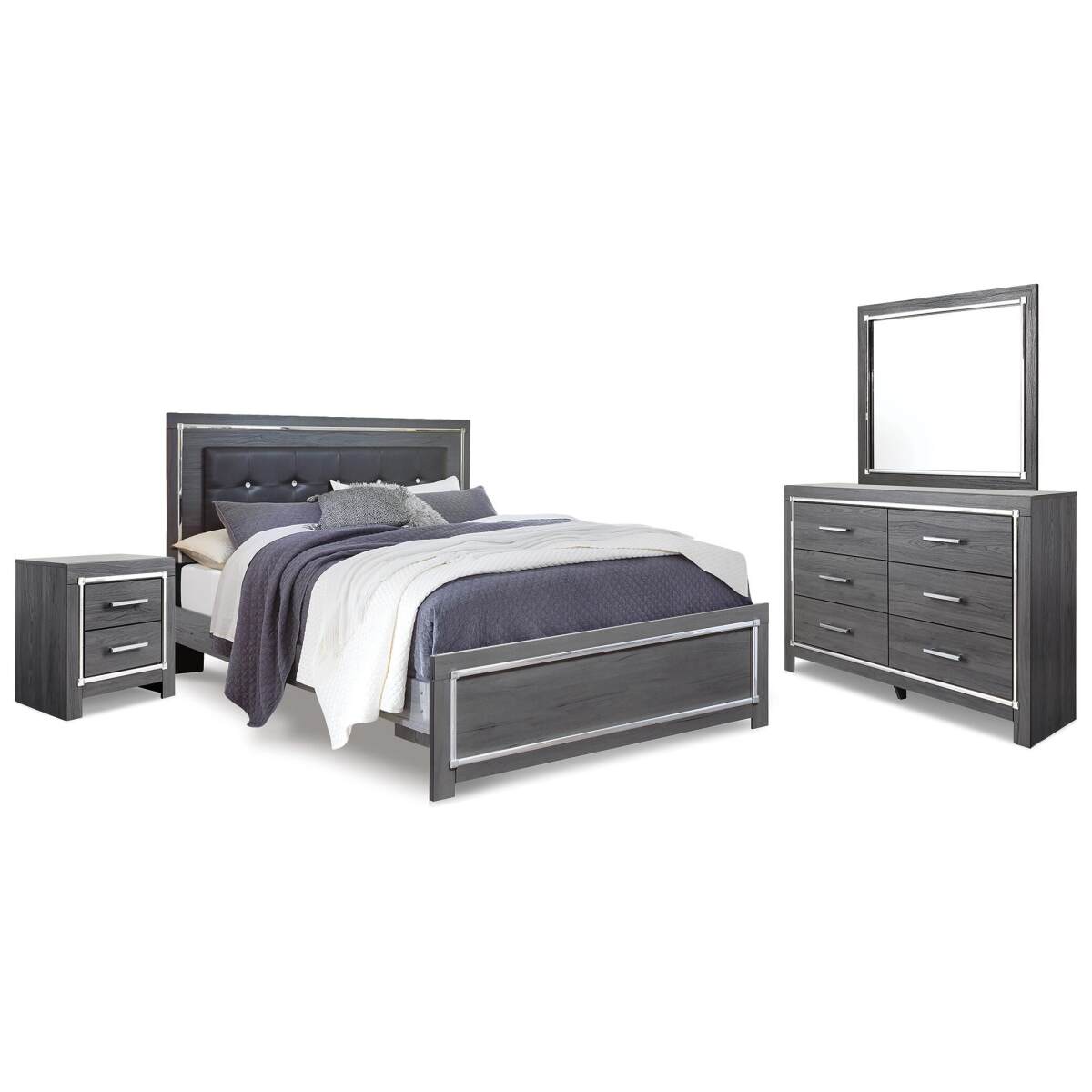 7c2084f6031e9cc41e9f323b2df61f3c Lodanna King Upholstered Panel Bed, Dresser, Mirror and Nightstand - Image 1