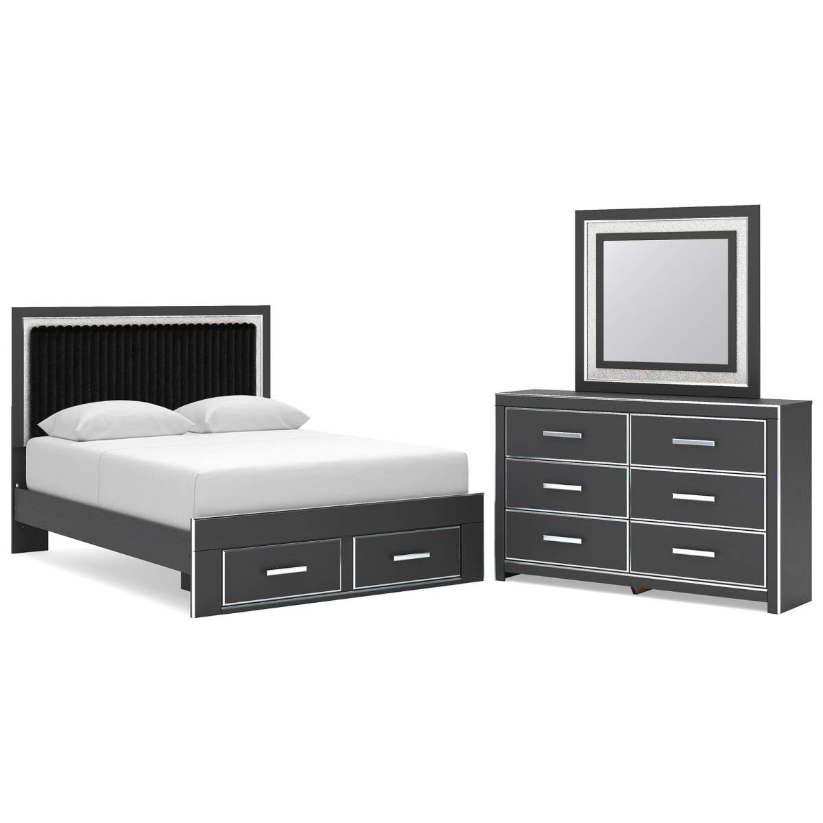 7d0e10dfd094f1d615635b9fd376b281 Zuraleus Queen Upholstered Panel Platform Storage Bed, Dresser and Mirror - Image 1