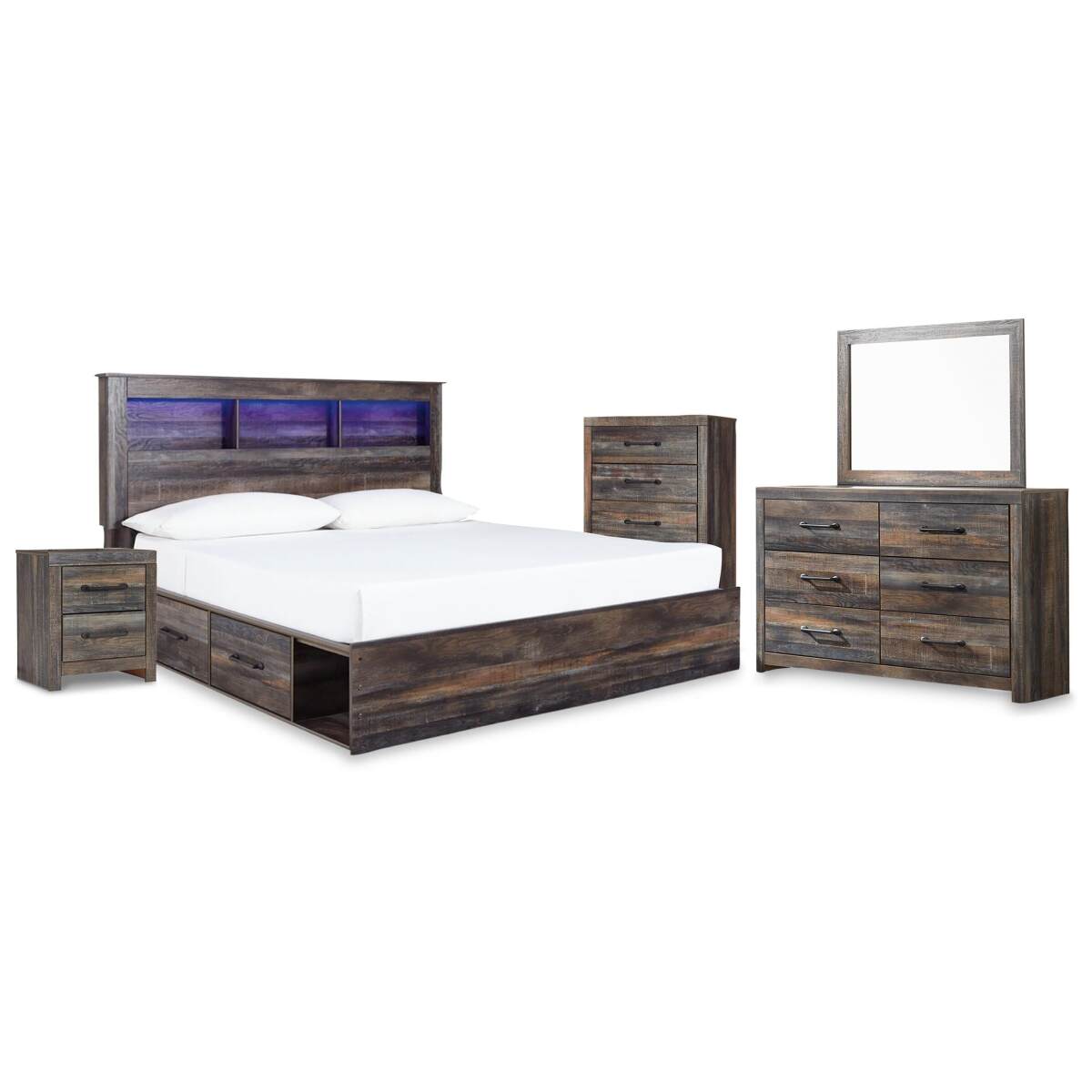 7de3926e66c1583b0774ea1a84f827ee Drystan King Storage Bed, Dresser, Mirror, Chest and Nightstand - Image 1