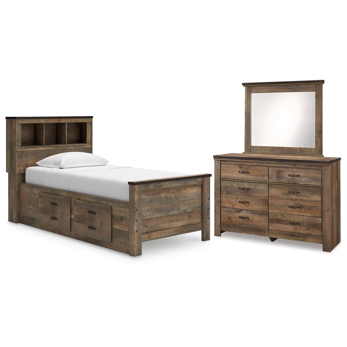 7fd82169b8a9a7683dd290f538a081cb Trinell Twin Bookcase Storage Bed, Dresser and Mirror - Image 1
