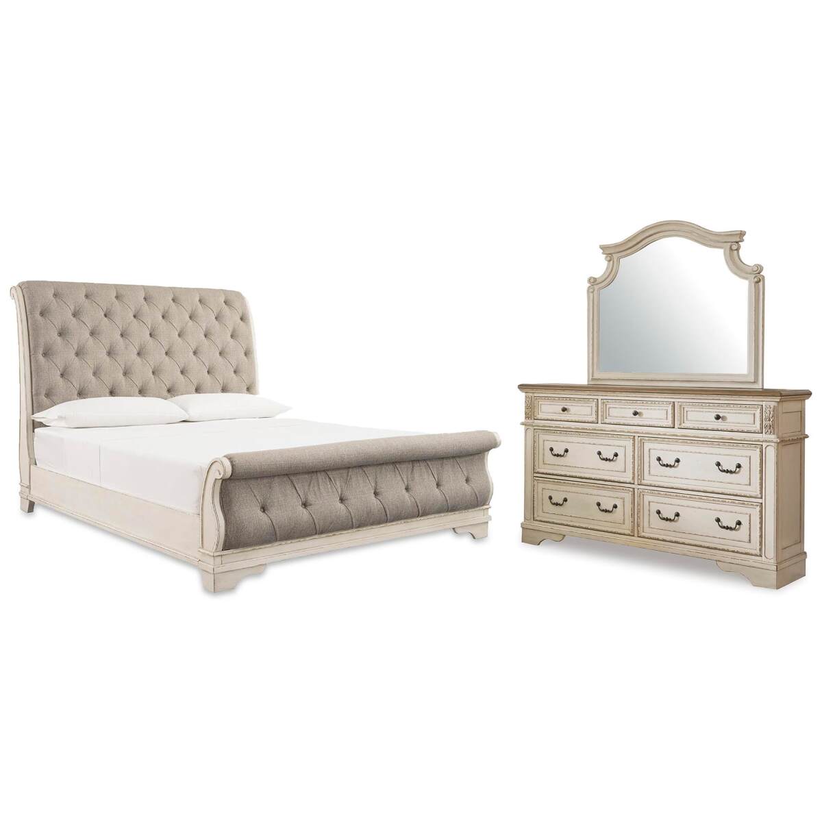 80fcdbfc68c963f69d108681920e2c24 Realyn Queen Upholstered Sleigh Bed, Dresser and Mirror - Image 1