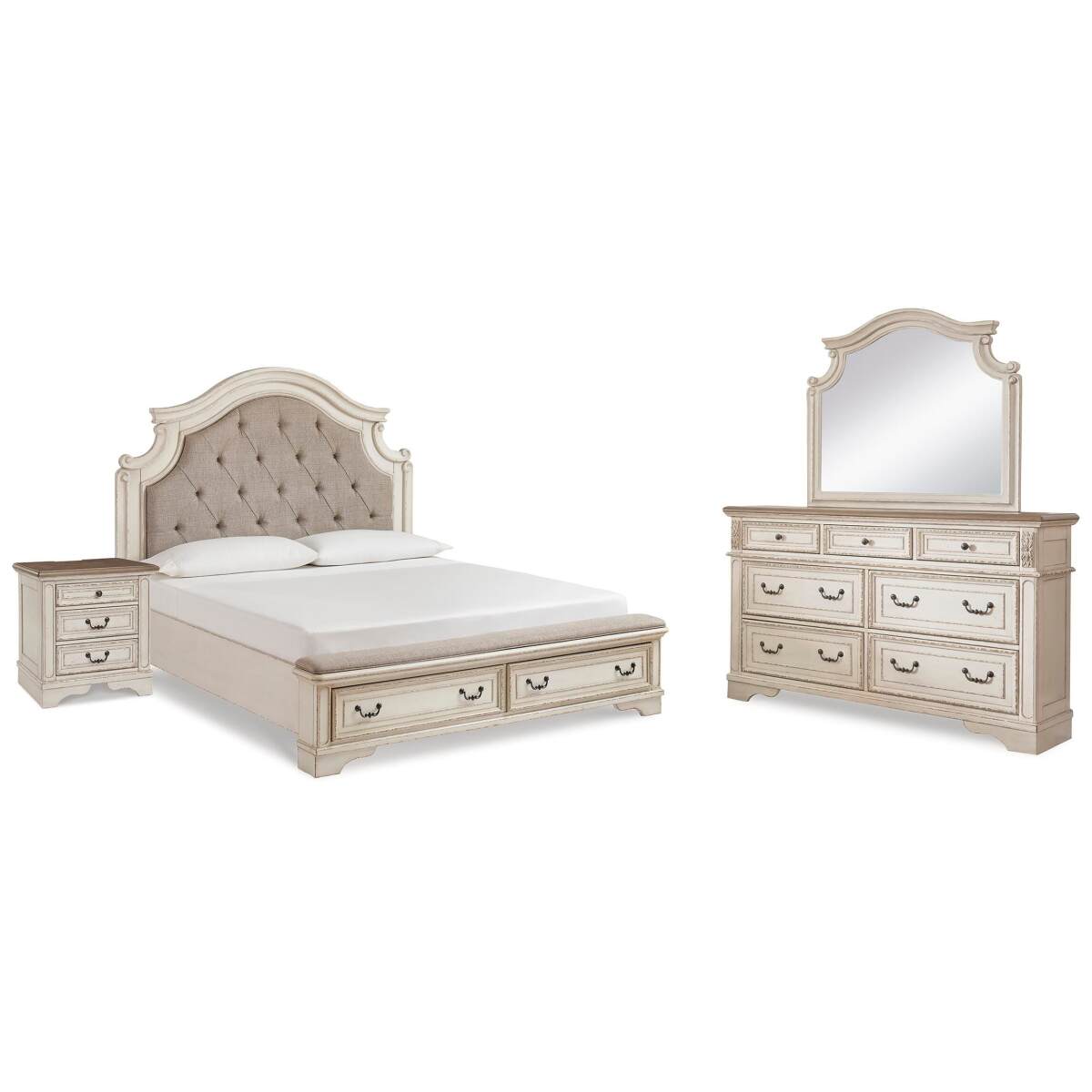 8441f5391cc263aec3cc2932c465b4b1 Realyn King Upholstered Panel Bed, Dresser, Mirror and Nightstand - Image 1