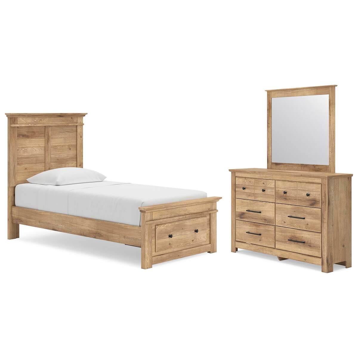 84806214b12c87e7bed59c3ada547d07 Makidern Twin Panel Storage Bed, Dresser and Mirror - Image 1