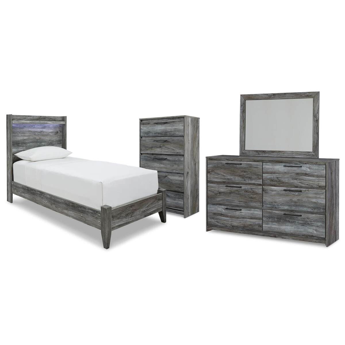85d48c23fa9f4fb30544fc4110516b3b Baystorm Twin Panel Bed, Dresser, Mirror and Chest - Image 1