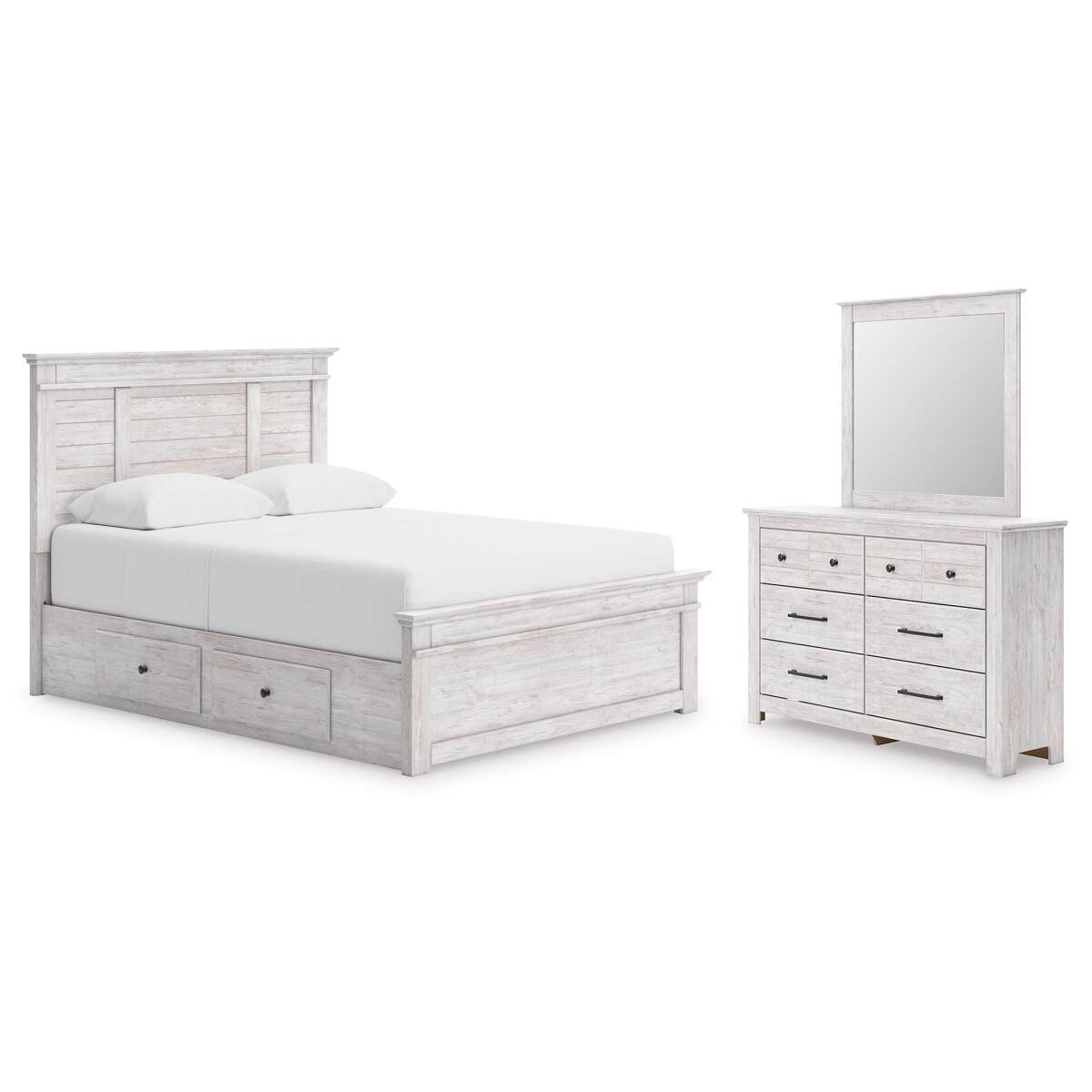 88611e75177fe61dc0026e3e0b96ac97 Makidern Queen Panel Bed with Storage, Dresser and Mirror - Image 1
