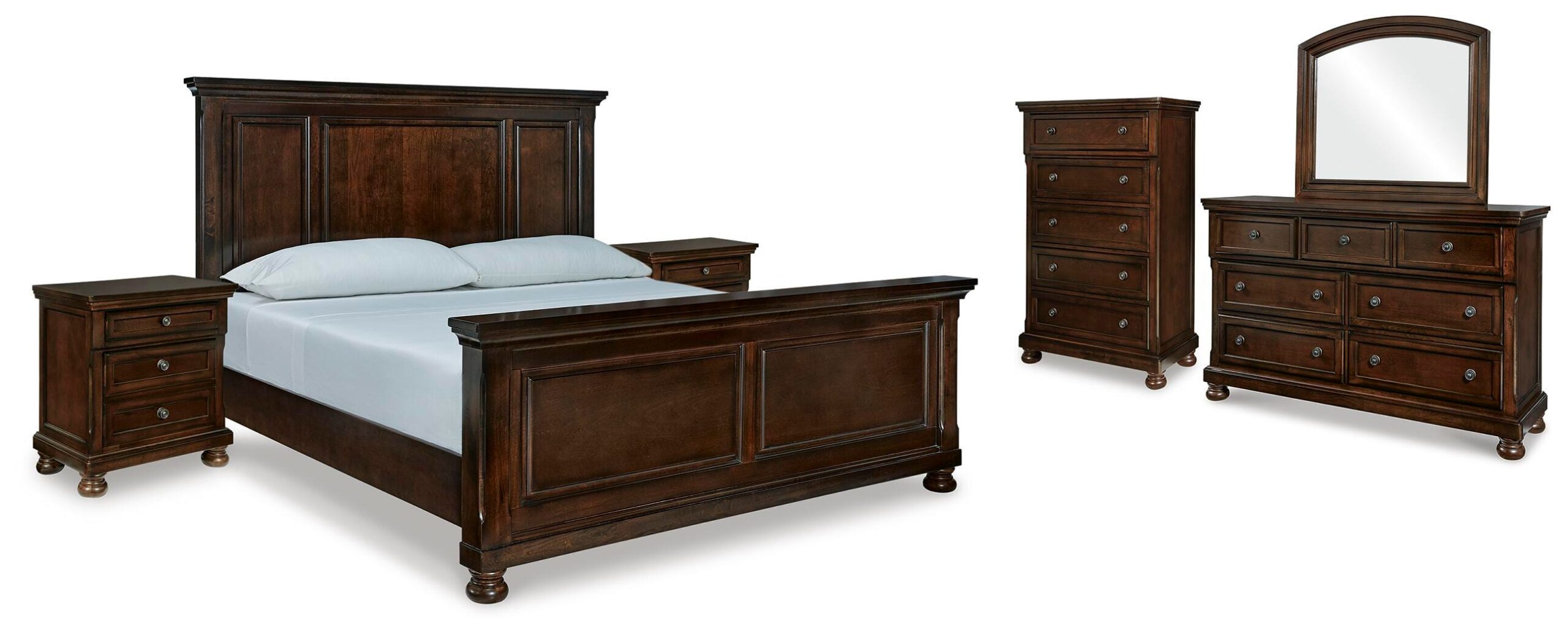 8990044f6d9054803f0e8e5f6fb99d28 Porter California King Panel Bed, Dresser, Mirror, Chest and 2 Nightstands - Image 1