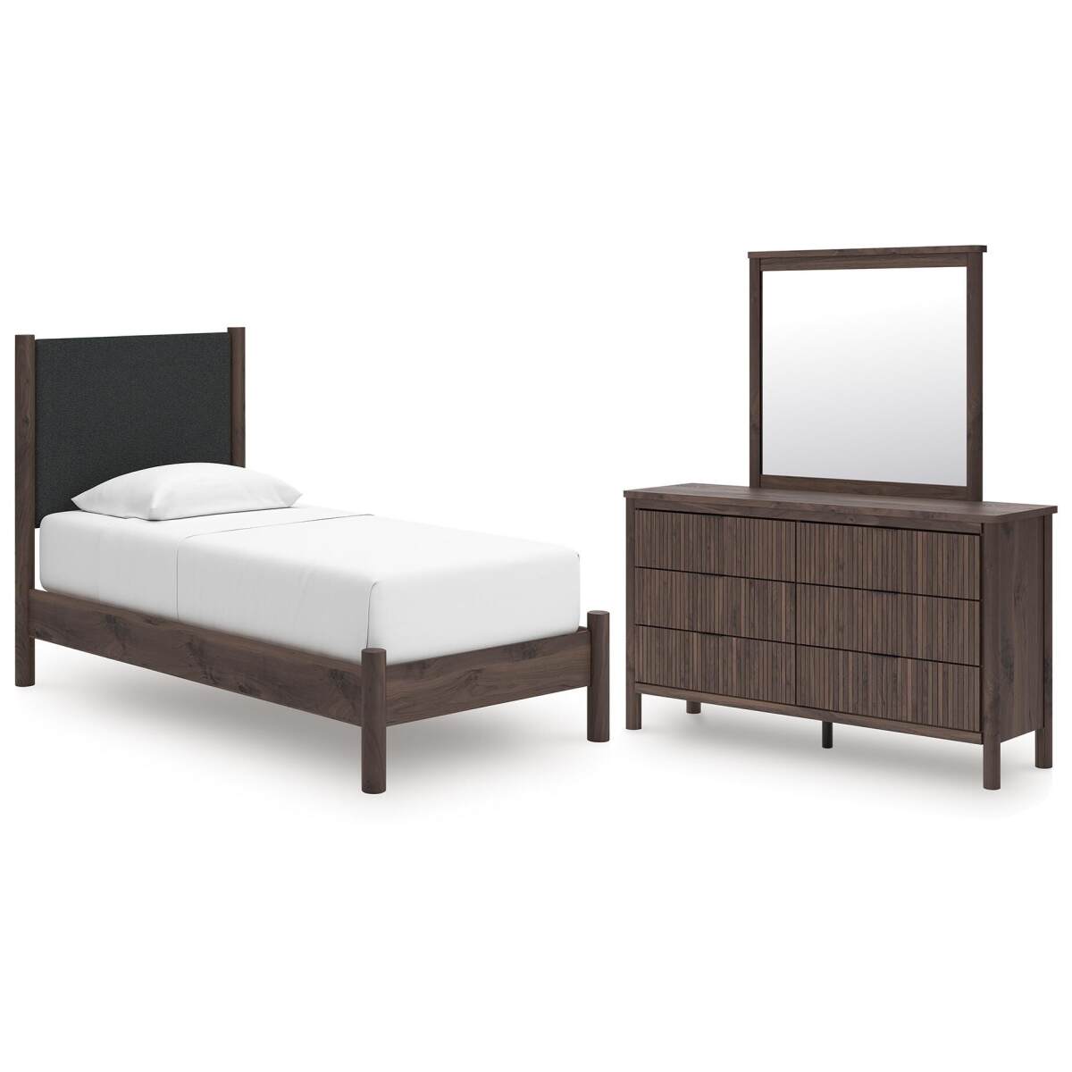 89d3295ec239f76522a598371193811e Pamytta Twin Upholstered Platform Bed, Dresser and Mirror - Image 1