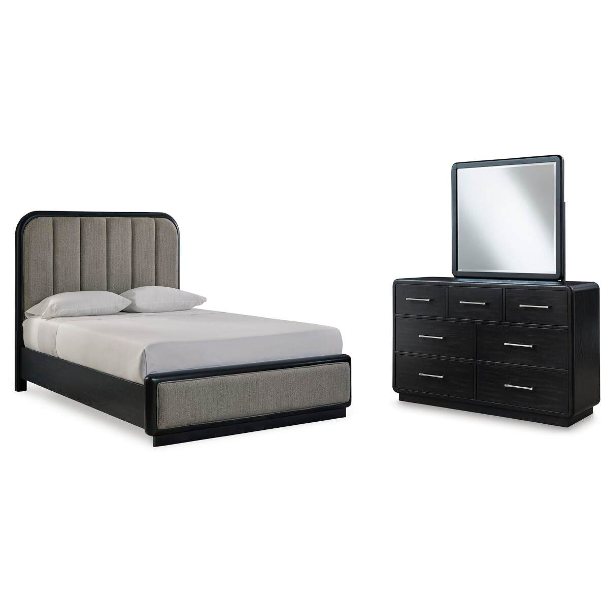 8badc3ea40af460f44221d284274a16a Rowanbeck Queen Upholstered Panel Bed, Dresser and Mirror - Image 1
