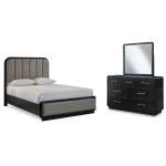 Rowanbeck Queen Upholstered Panel Bed, Dresser and Mirror