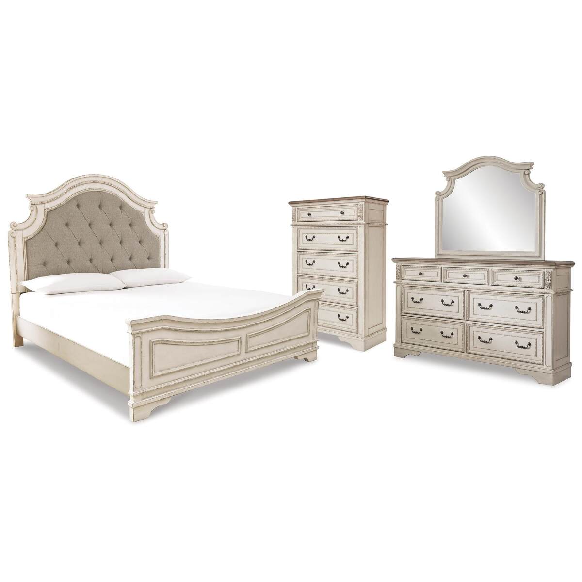 8bd07d08f6fdec245060a5b07f23f196 Realyn King Panel Upholstered Bed, Dresser, Mirror and Chest - Image 1