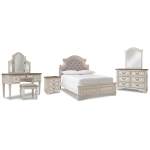 Realyn Full Panel Bed, Dresser, Mirror, 3-Piece Vanity and Nightstand
