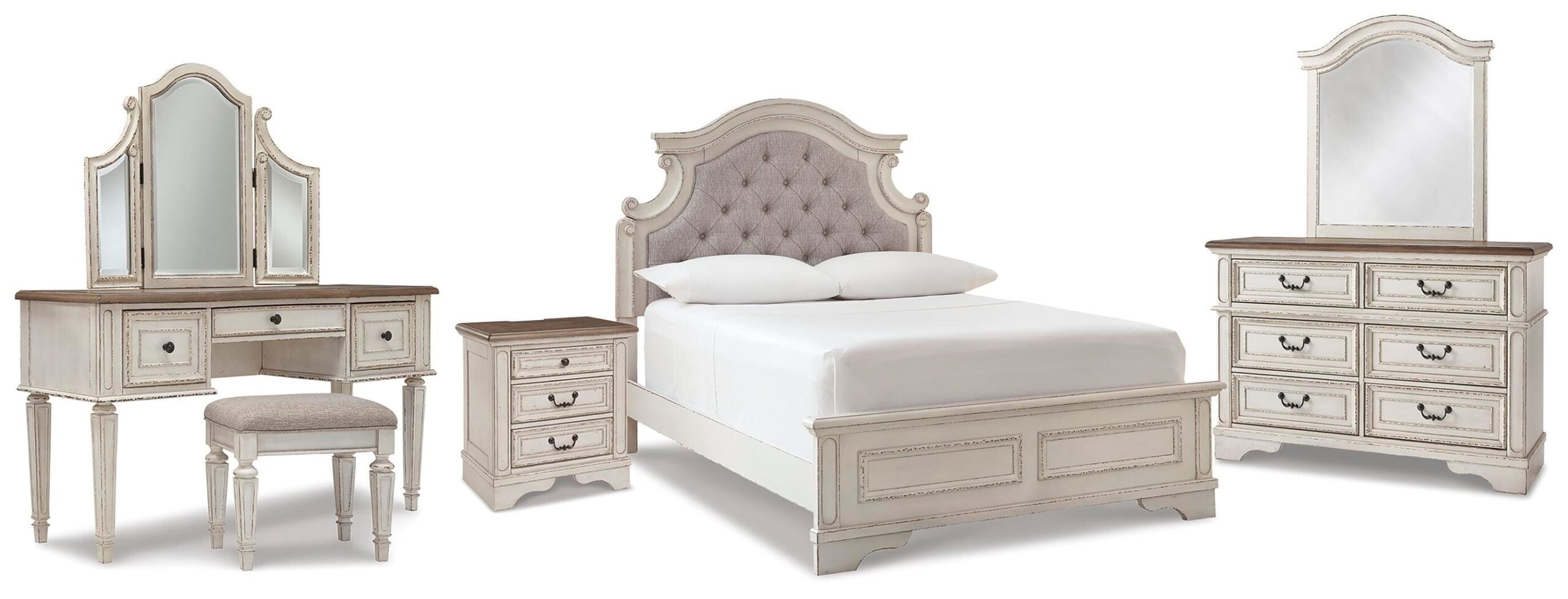 8e4e1a43d7b542b71b5b8c31e96e14bc Realyn Full Panel Bed, Dresser, Mirror, 3-Piece Vanity and Nightstand - Image 1
