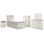 Willowton Twin Bed with Storage, Dresser, Mirror, Chest and Nightstand