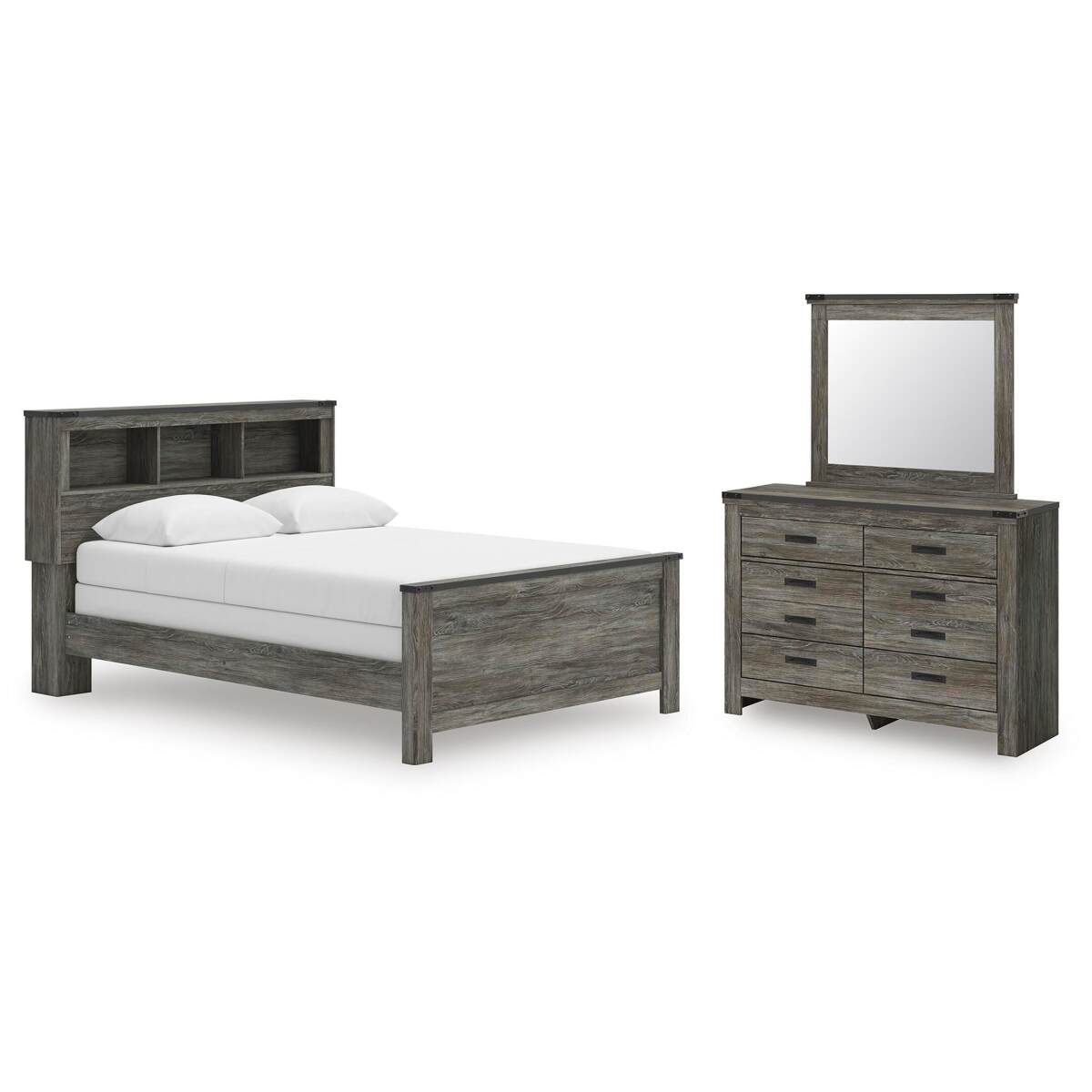 9187e65815e3133ba09e9fe75c6de669 Frandern Queen Bookcase Bed, Dresser and Mirror - Image 1