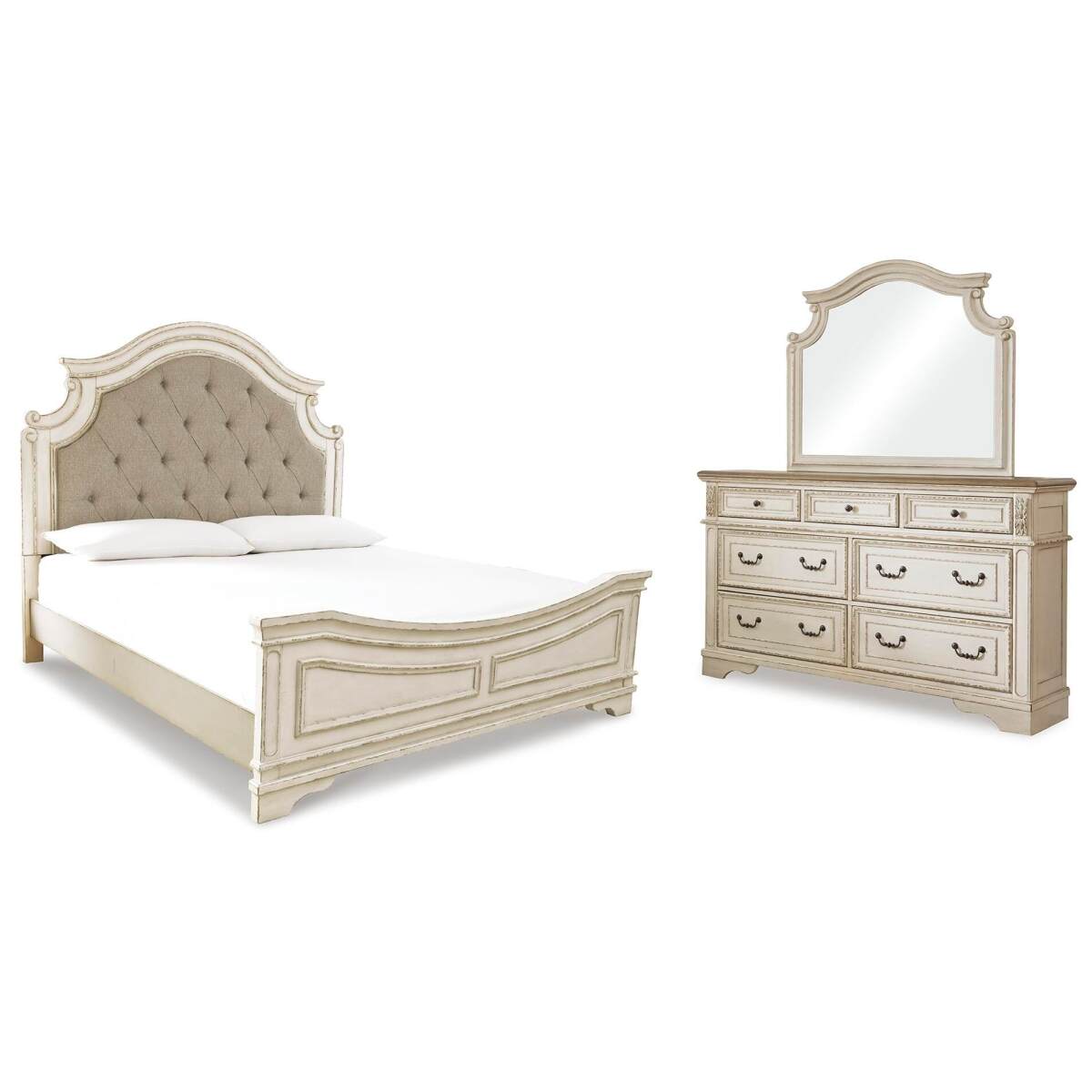 91dbdf230f77b792ab929f57cb84645f Realyn King Upholstered Panel Bed, Dresser and Mirror - Image 1