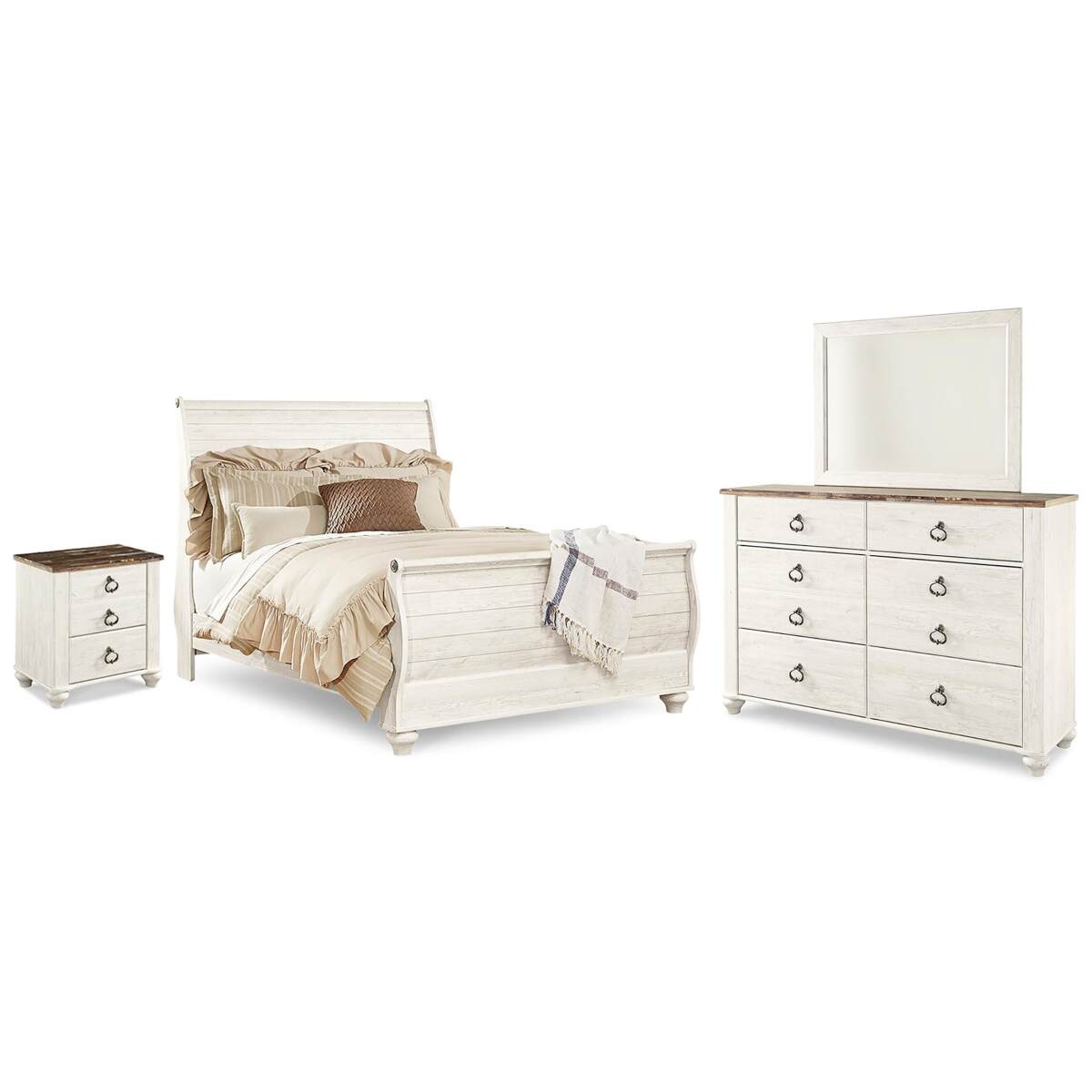 935011c1b850223f6ab13f4c4d4bb431 Willowton Queen Sleigh Bed with Mirrored Dresser and Nightstand - Image 1