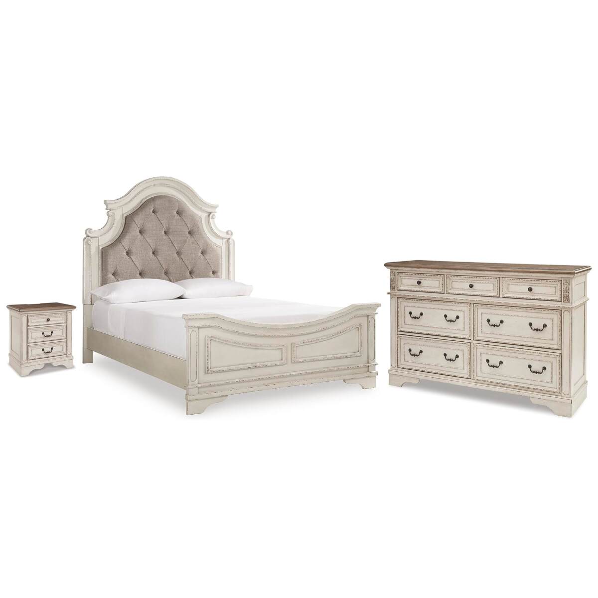 956445f7802ebeb91cc89b2120d4c157 Realyn Queen Upholstered Panel Bed, Dresser and Nightstand - Image 1