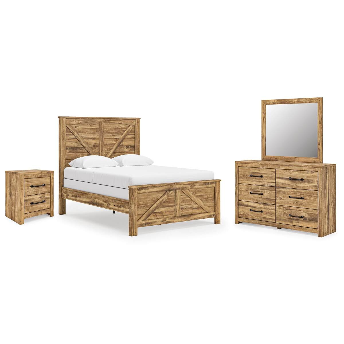 96367890f87c4a863426cbc68668d8d5 Maystonna Queen Crossbuck Panel Bed, Dresser, Mirror and Nightstand - Image 1