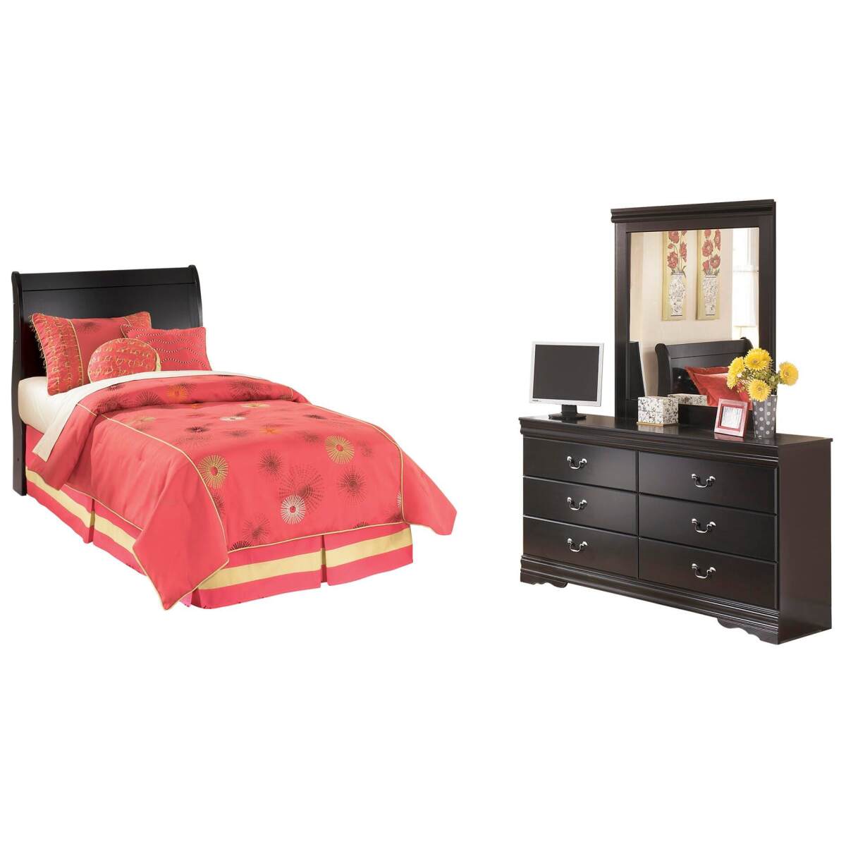 96c44ef36e60f541e45ad124a99993f3 Huey Vineyard Twin Sleigh Headboard, Dresser and Mirror - Image 1