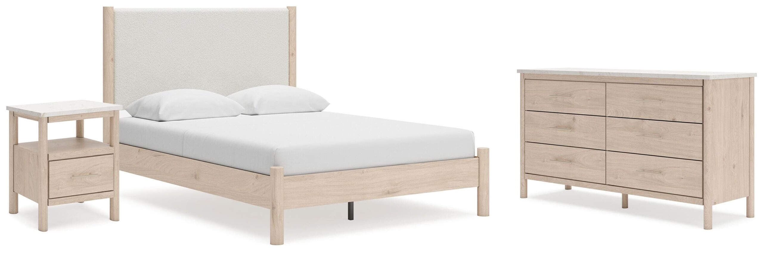 977c2df56b65bbd4d1f2c8168cae3fb7 Cadmori Queen Upholstered Panel Bed, Dresser and Nightstand - Image 1