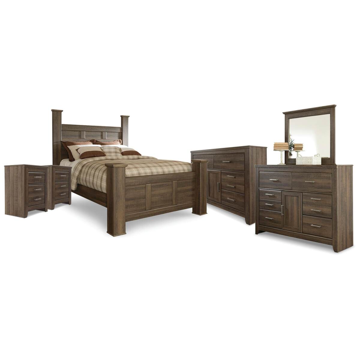 9aef7c713e8e233b78732c76c4ef018c Juararo Queen Poster Bed, 2 Dressers, Mirror and 2 Nightstands - Image 1