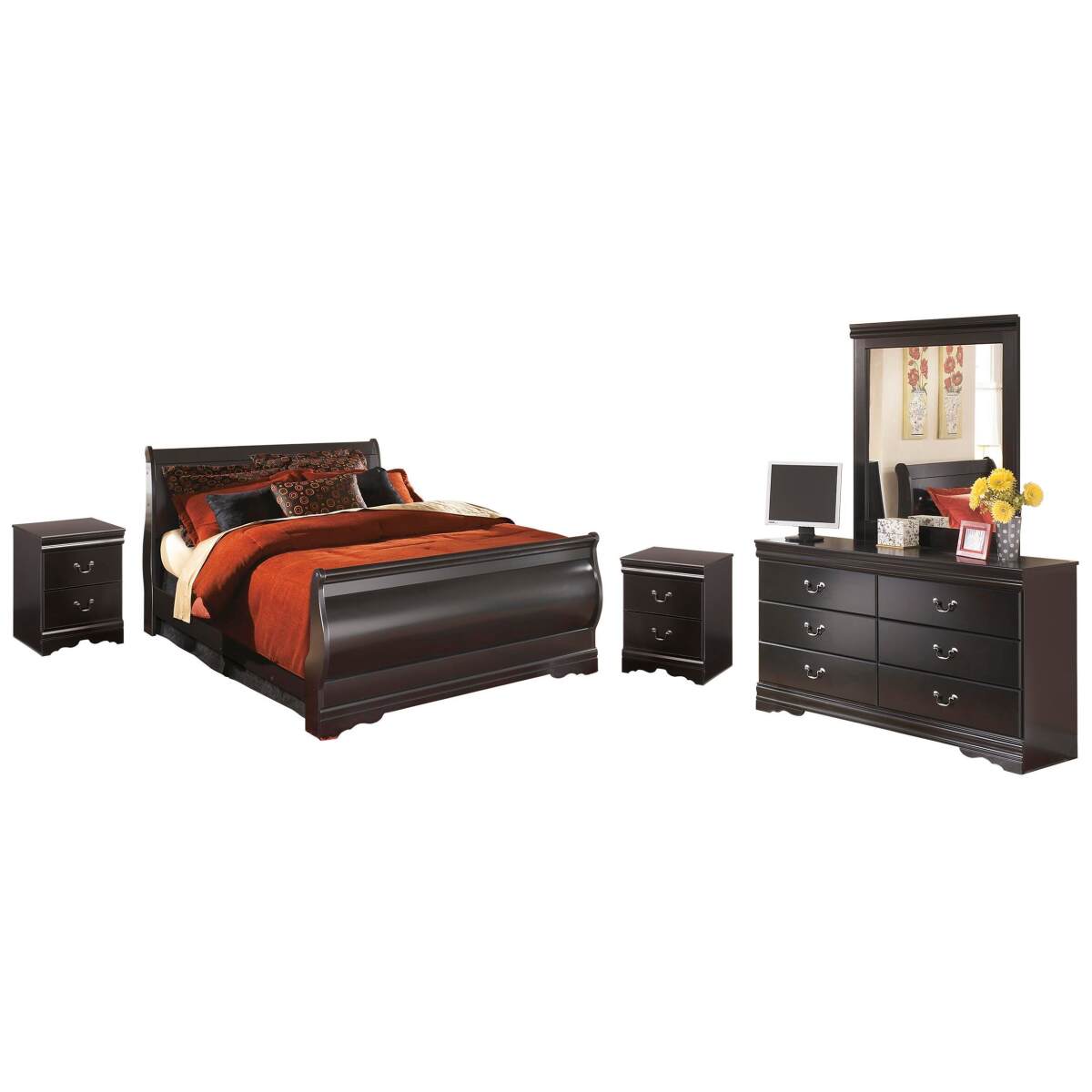 9c5de47d7f9d3dbbf6f678b19d2311cb Huey Vineyard Queen Sleigh Bed with Mirrored Dresser and 2 Nightstands - Image 1