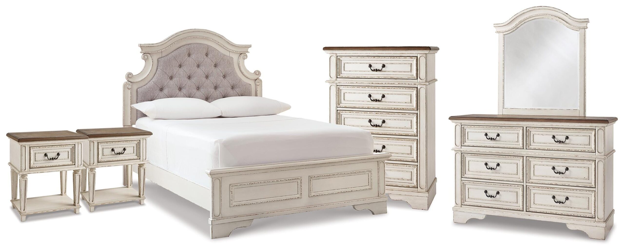 a2a3ef74ca0526c579616727185607f4 Realyn Full Upholstered Panel Bed, Dresser, Mirror, Chest and 2 Nightstands - Image 1
