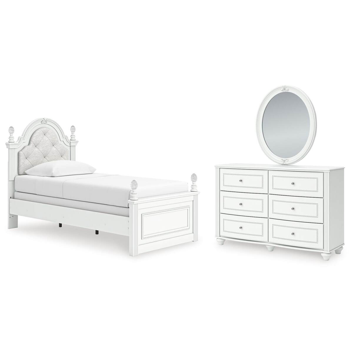 a382cd3c48b018abab5693ae902f8045 Kozlani Twin Upholstered Panel Bed, Dresser and Mirror - Image 1