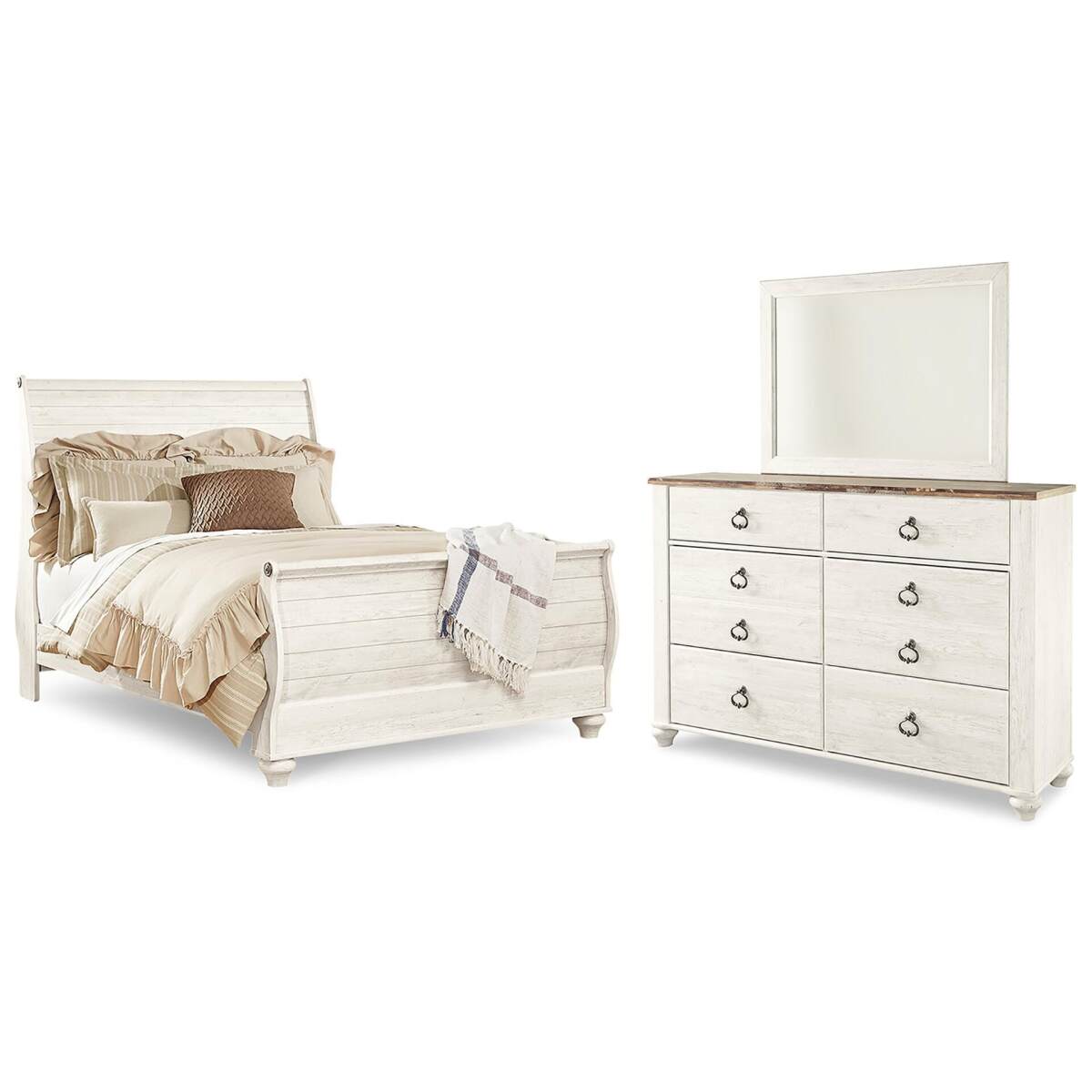 a38d83f6d6e18c0c850c9237c1af1d93 Willowton Queen Sleigh Bed, Dresser and Mirror - Image 1