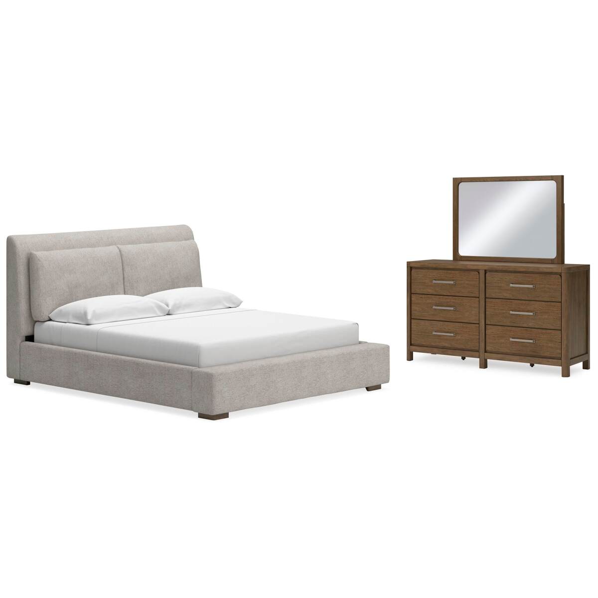 a5eac7ca7ddb3444e7b15db3771a4f53 Cabalynn California King Upholstered Bed, Dresser and Mirror - Image 1