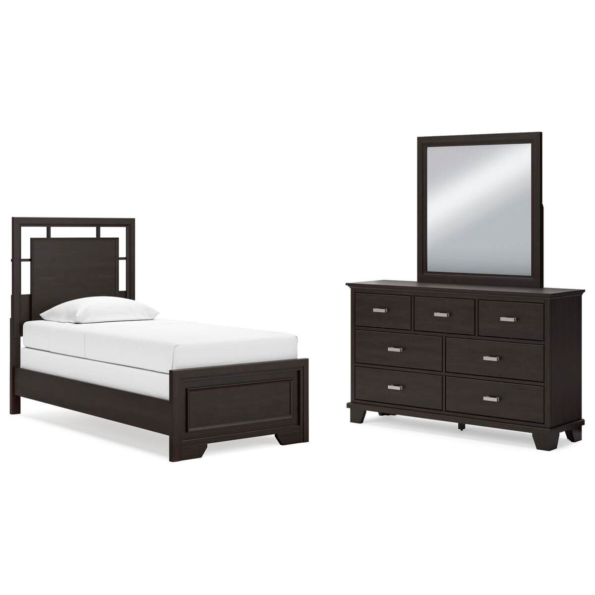 a77e04ecd5e7dbc4082e4f1edb7177a7 Covetown Twin Panel Bed, Dresser and Mirror - Image 1