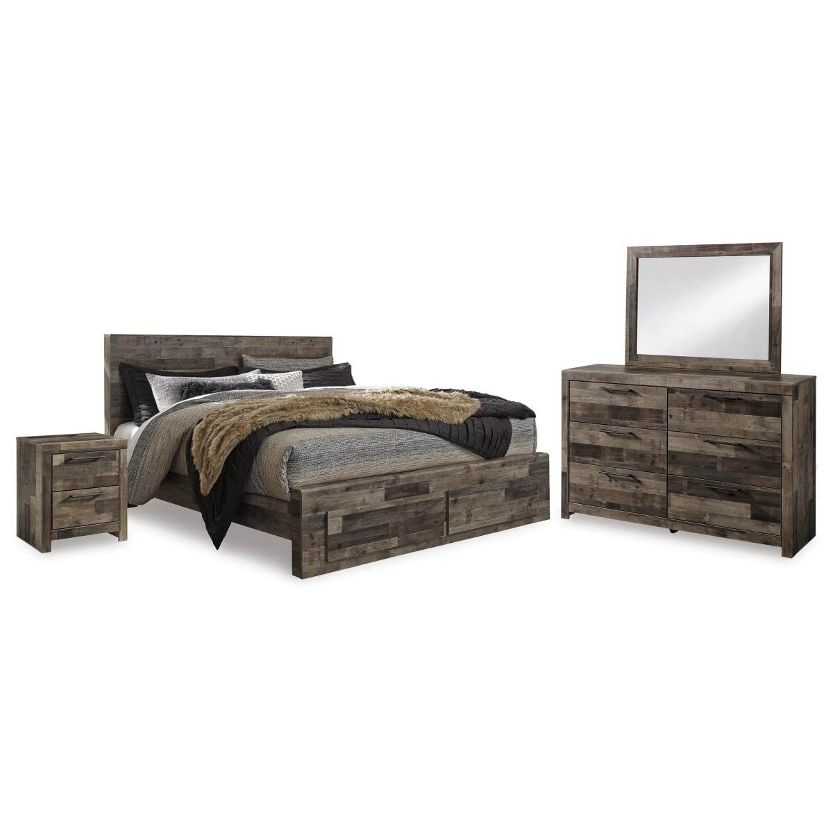 a80bc9d4e3f6c434c009b4ed022bc0b1 Derekson King Storage Bed, Dresser, Mirror and 2 Nightstands - Image 1