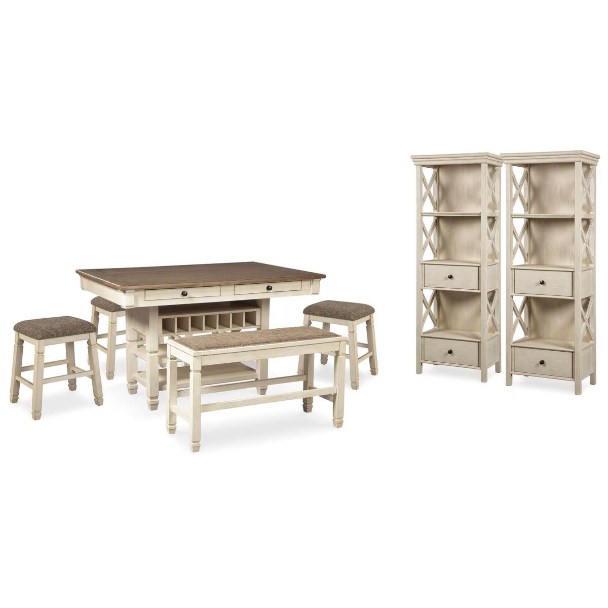 a864ff6449f3eac527f6bcf6c1928775 Bolanburg Counter Height Dining Table, 4 Stools, Bench and 2 Display Cabinets - Image 1