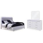 Jarlee Queen Upholstered Panel Bed, Dresser and Mirror