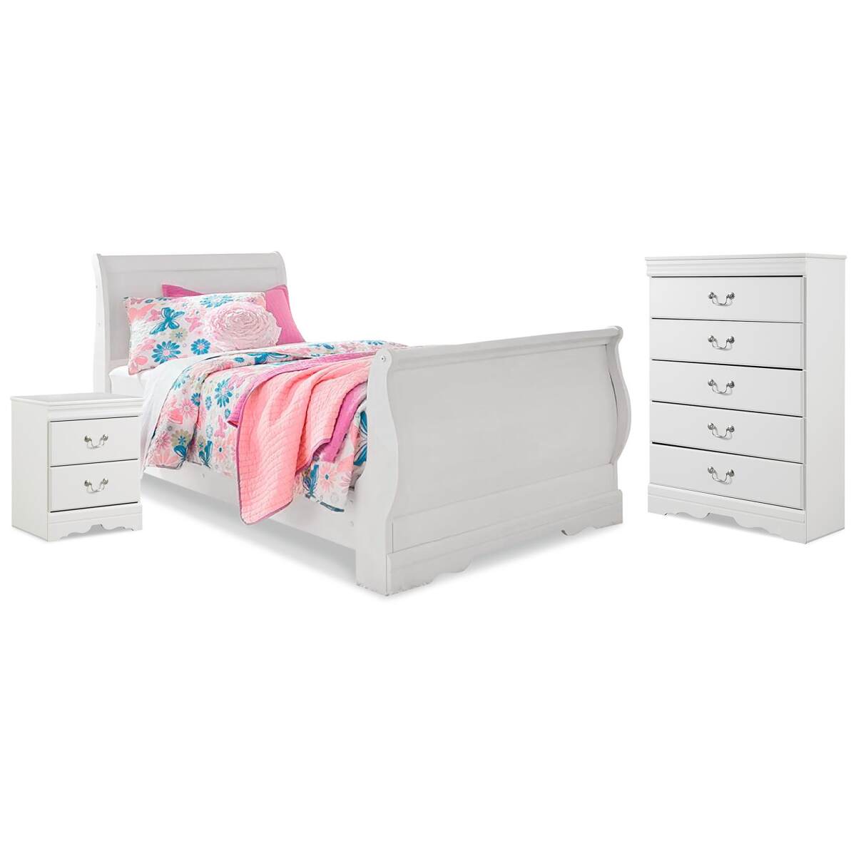 ae431c218e99000b6998658cba40ec1b Anarasia Twin Sleigh Bed, Chest and Nightstand - Image 1
