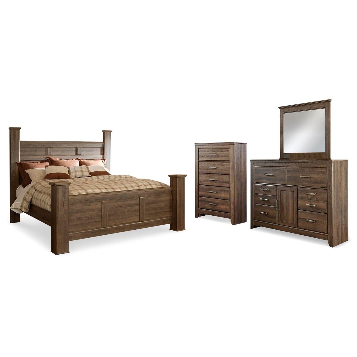 b668d42ad8ef61a571e069df39057303 Juararo King Poster Bed, Dresser, Mirror and Chest - Image 1